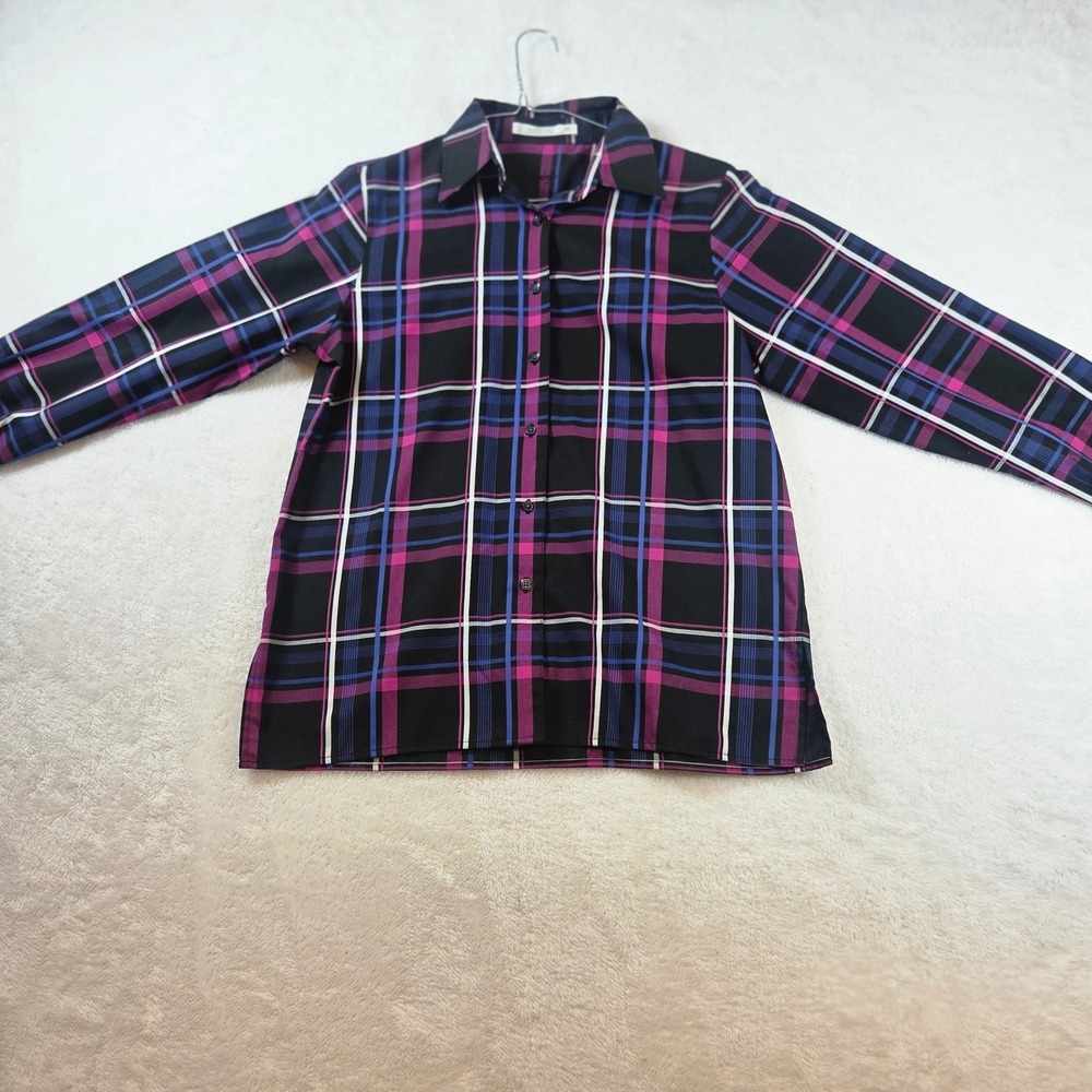 Foxcroft Womens 4P Petite Wrinkle Free Plaid Button Down Shirt Pink Purple Black